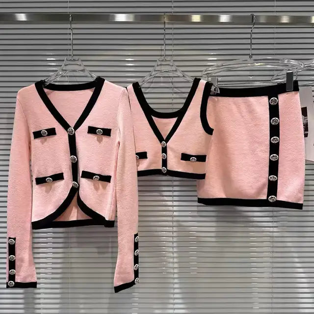 Vintage Knit 3-Piece Set – Long Sleeve Cardigan, Vest & Mini Skirt Outfit