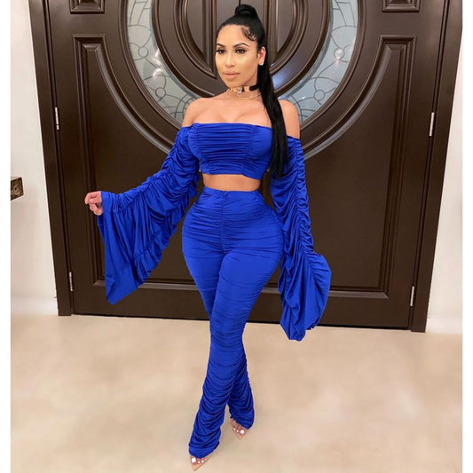 One-Shoulder Shirring Crop Top & Pencil Pants Set – Women's Club Outfit