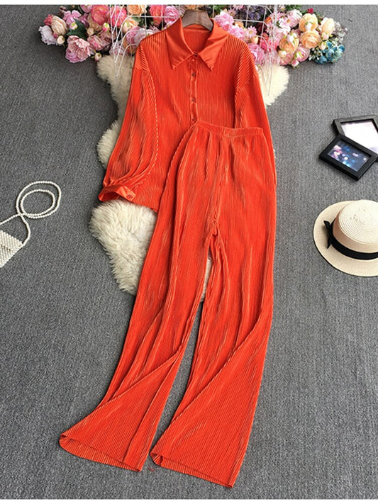 Casual Loose Long Sleeve Blouse & Wide Leg Pants Set – Women's Beige Two-Piece