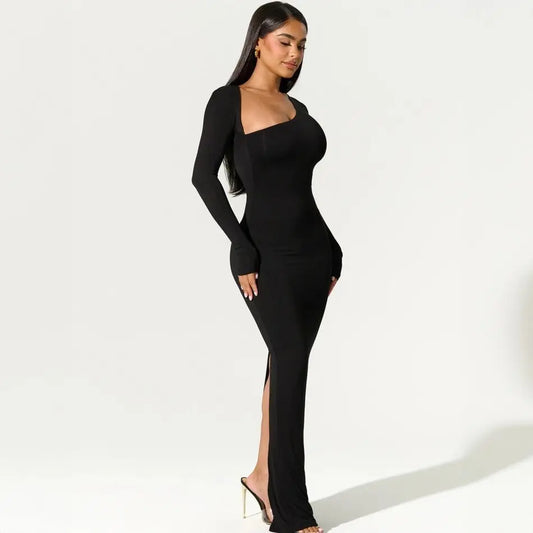 Asymmetrical Long Sleeve Slit Maxi Dress – Women's Black Evening Party Dress