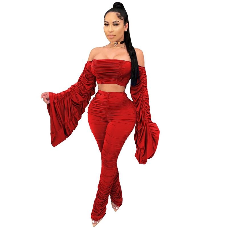One-Shoulder Shirring Crop Top & Pencil Pants Set – Women's Club Outfit