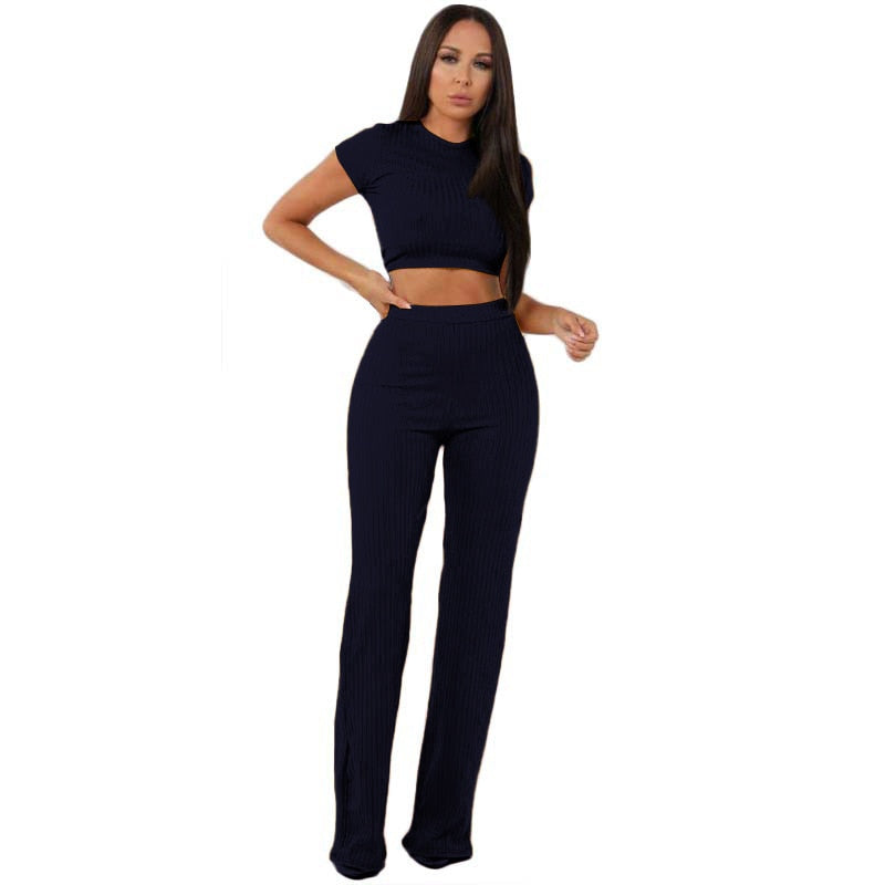 Knit Long Sleeve Crop Top & Wide Leg Pants Two-Piece Set – Women's Casual Outfit