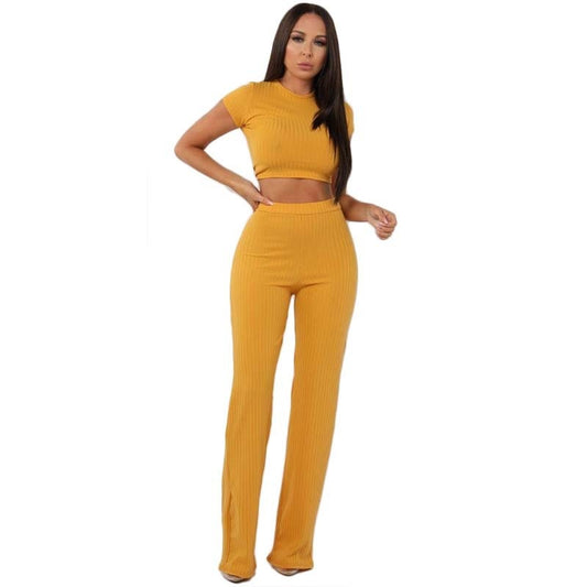 Knit Long Sleeve Crop Top & Wide Leg Pants Two-Piece Set – Women's Casual Outfit