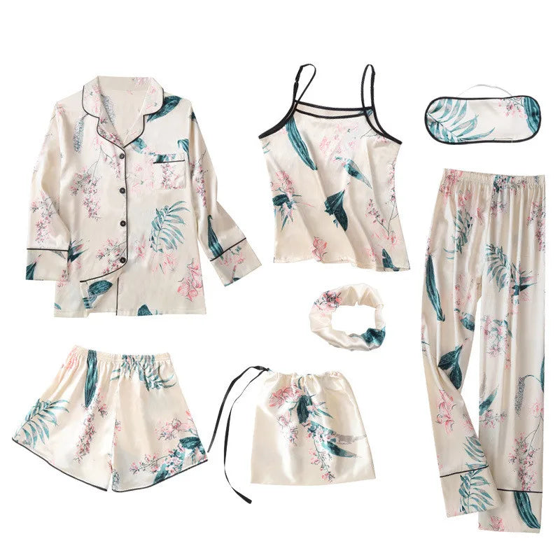 7-Piece Faux Silk Striped Pajama Set – Women's Luxury Sleepwear