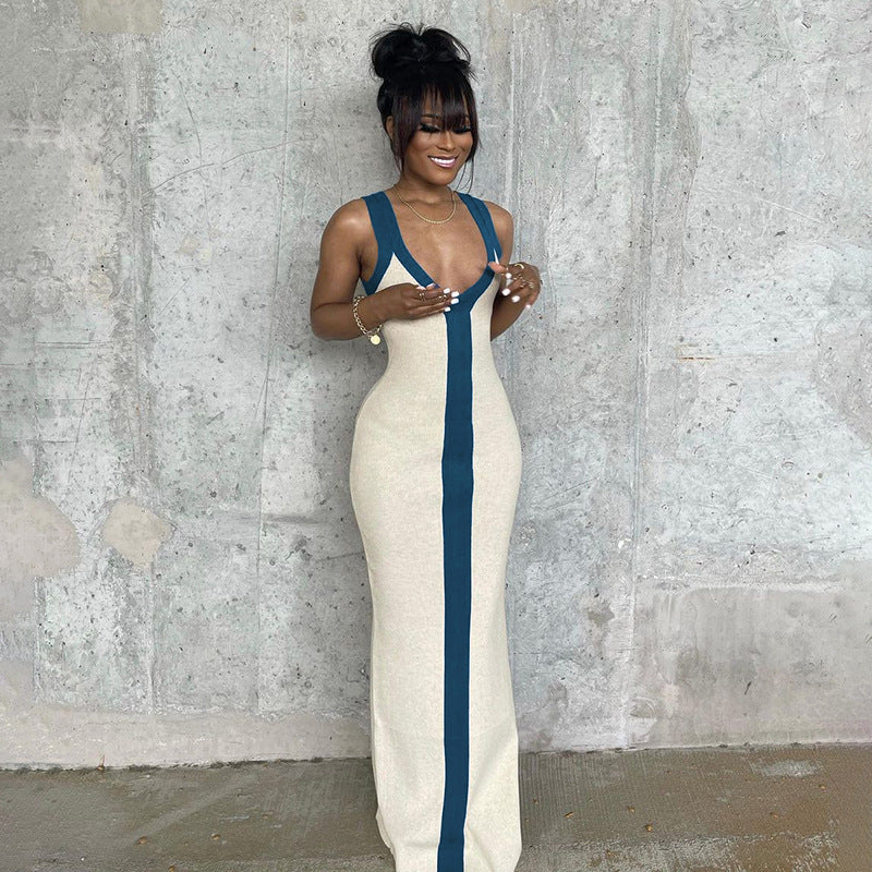 Color Block V-Neck Sleeveless Bodycon Maxi Dress – Women's Summer Beach Dress