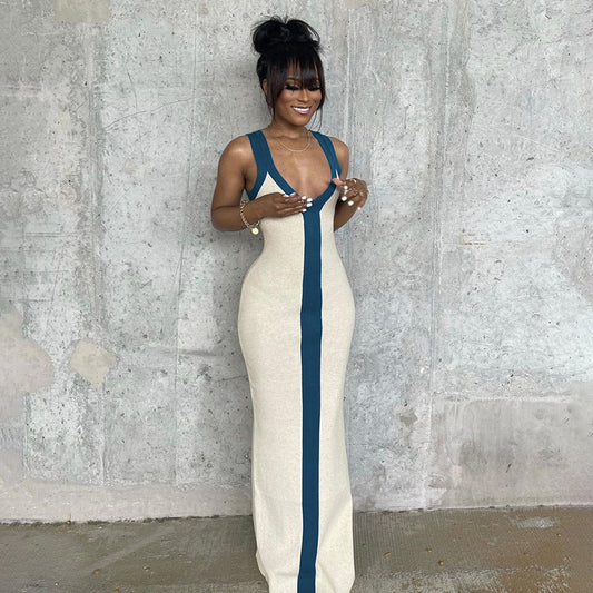 Color Block V-Neck Sleeveless Bodycon Maxi Dress – Women's Summer Beach Dress