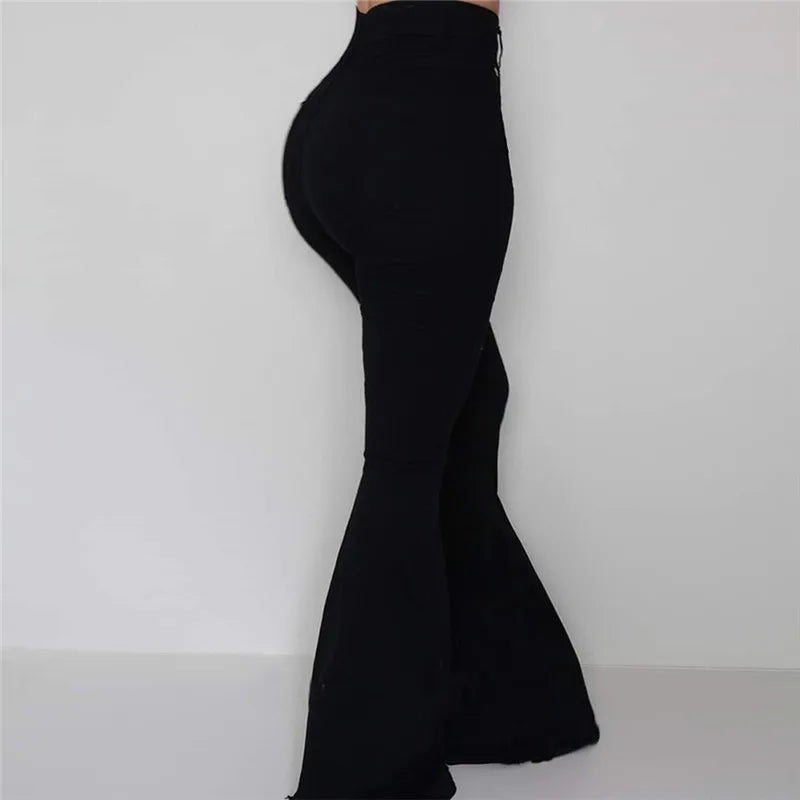High Waist Elastic Bell-Bottom Pants – Women's Solid Flare Trousers