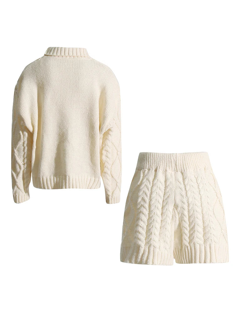 Turtleneck Long Sleeve Sweater & High Waist Shorts Set – Women's Casual Knit Outfit
