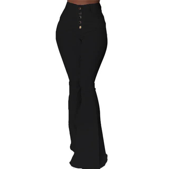 High Waist Elastic Bell-Bottom Pants – Women's Solid Flare Trousers