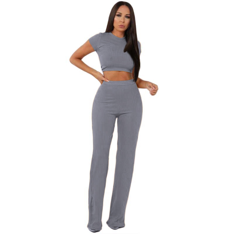 Knit Long Sleeve Crop Top & Wide Leg Pants Two-Piece Set – Women's Casual Outfit
