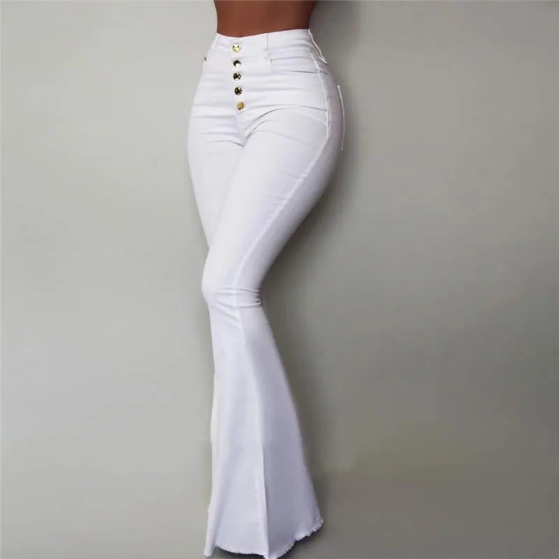 High Waist Elastic Bell-Bottom Pants – Women's Solid Flare Trousers