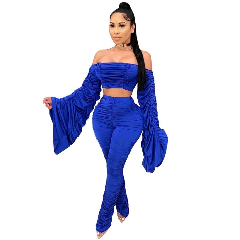 One-Shoulder Shirring Crop Top & Pencil Pants Set – Women's Club Outfit