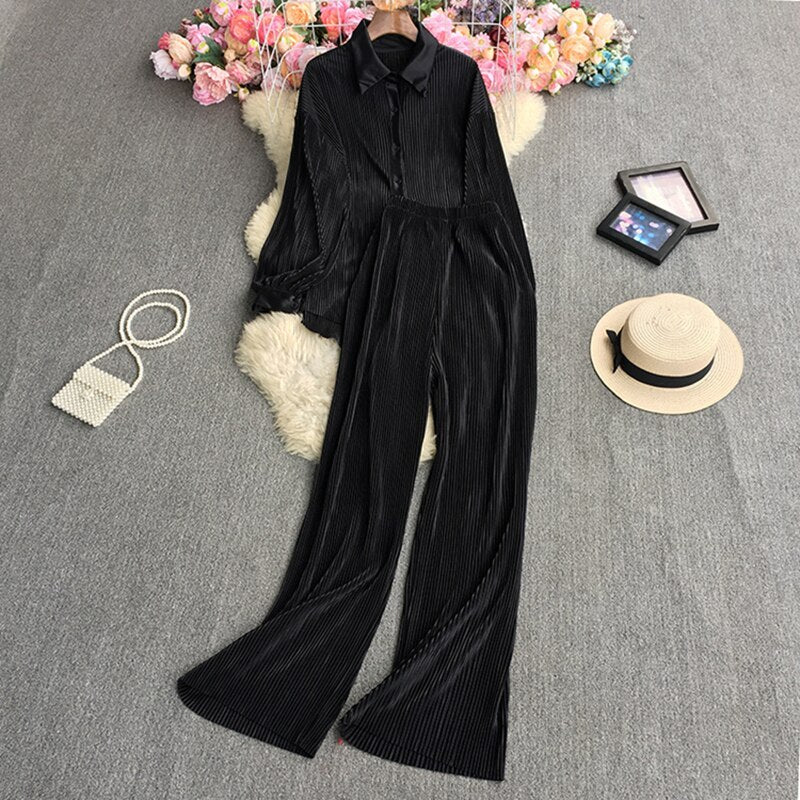 Casual Loose Long Sleeve Blouse & Wide Leg Pants Set – Women's Beige Two-Piece