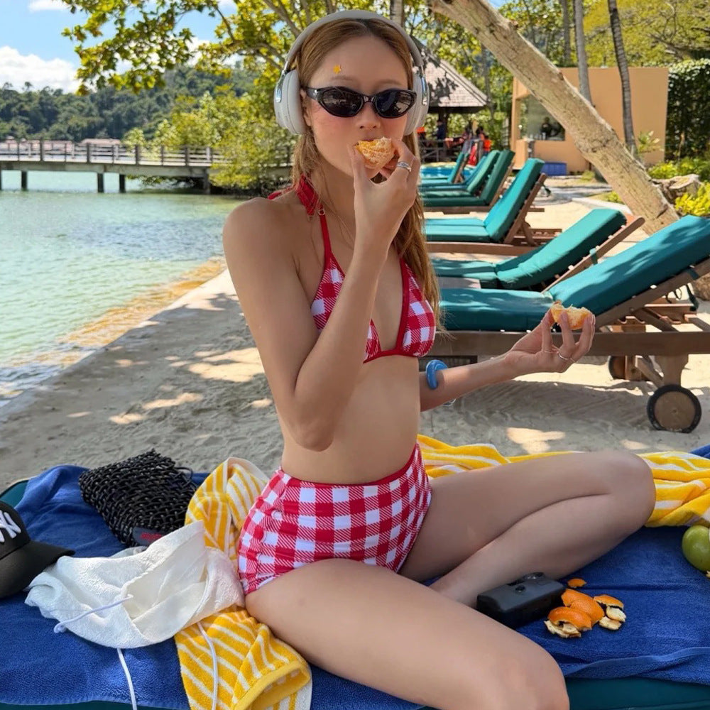 Red Checkered High-Waist Two-Piece Swimsuit – Women's Sexy Swimwear