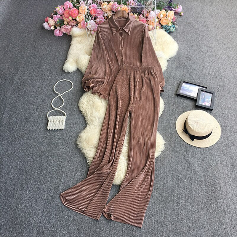 Casual Loose Long Sleeve Blouse & Wide Leg Pants Set – Women's Beige Two-Piece