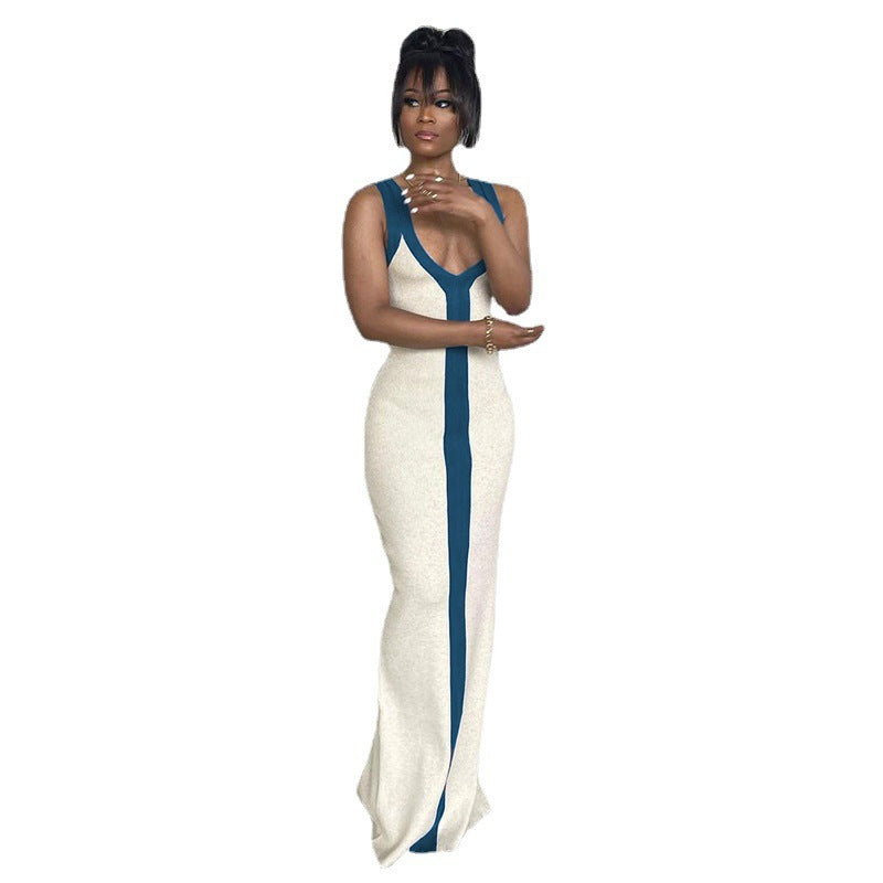 Color Block V-Neck Sleeveless Bodycon Maxi Dress – Women's Summer Beach Dress