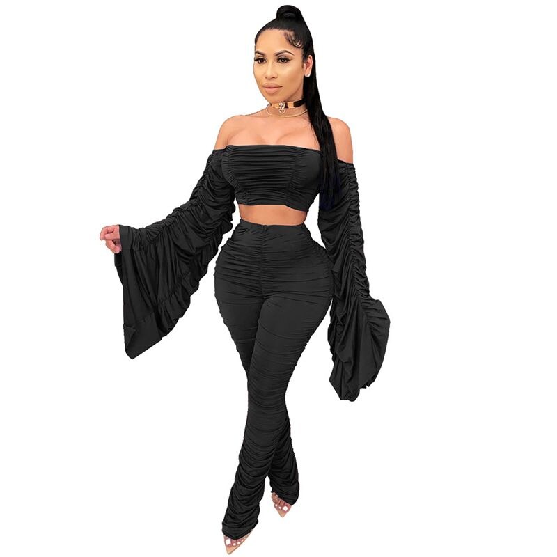 One-Shoulder Shirring Crop Top & Pencil Pants Set – Women's Club Outfit