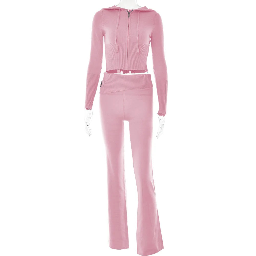 Knitted Zipper Hoodie Crop Top & Flare Pants Tracksuit – Women's Two-Piece Set