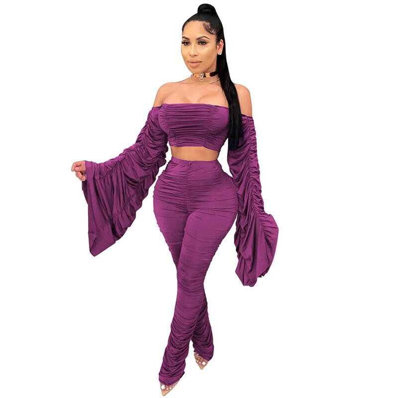 One-Shoulder Shirring Crop Top & Pencil Pants Set – Women's Club Outfit