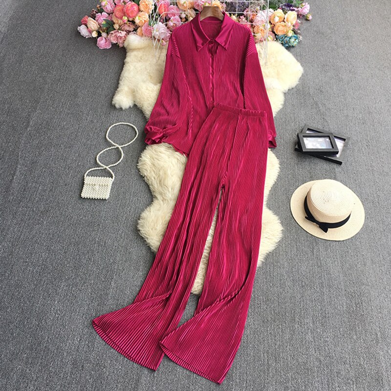 Casual Loose Long Sleeve Blouse & Wide Leg Pants Set – Women's Beige Two-Piece
