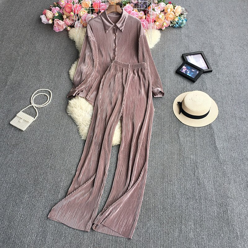 Casual Loose Long Sleeve Blouse & Wide Leg Pants Set – Women's Beige Two-Piece