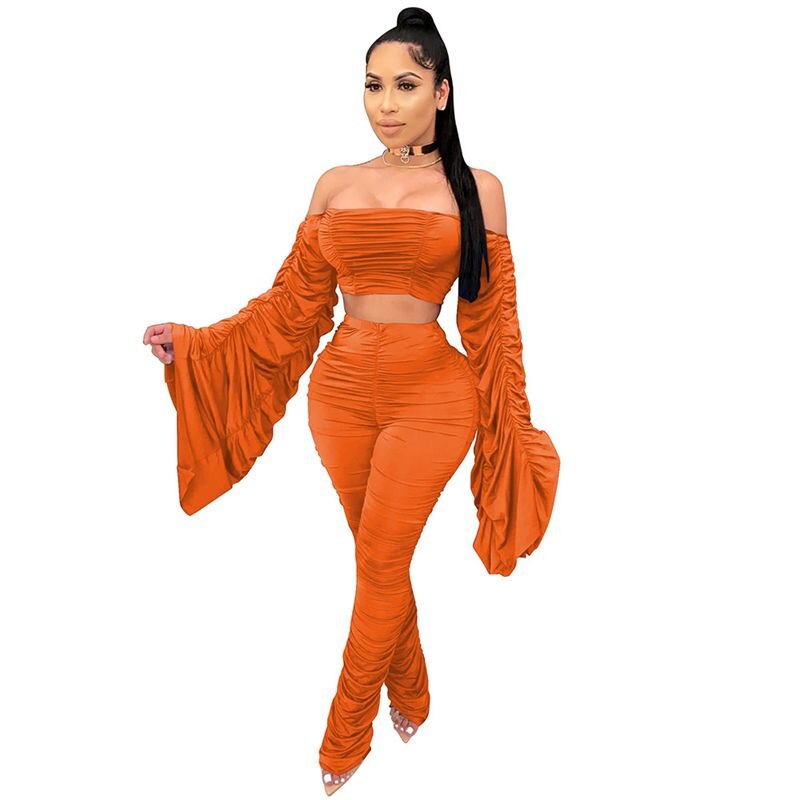 One-Shoulder Shirring Crop Top & Pencil Pants Set – Women's Club Outfit