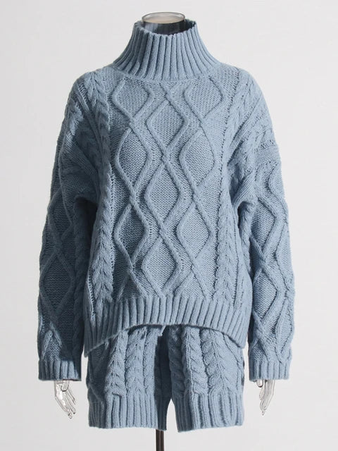 Turtleneck Long Sleeve Sweater & High Waist Shorts Set – Women's Casual Knit Outfit