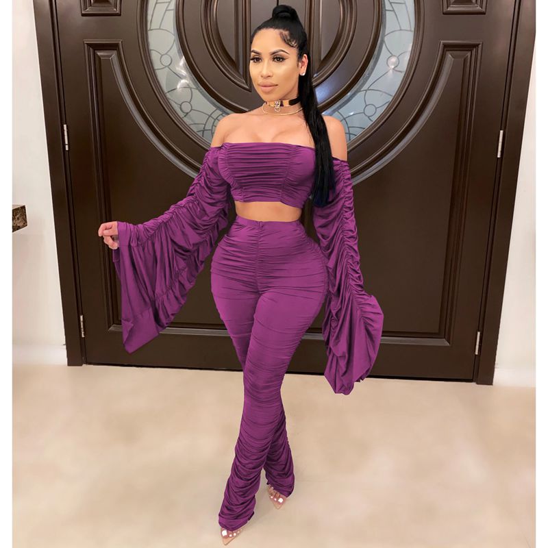 One-Shoulder Shirring Crop Top & Pencil Pants Set – Women's Club Outfit