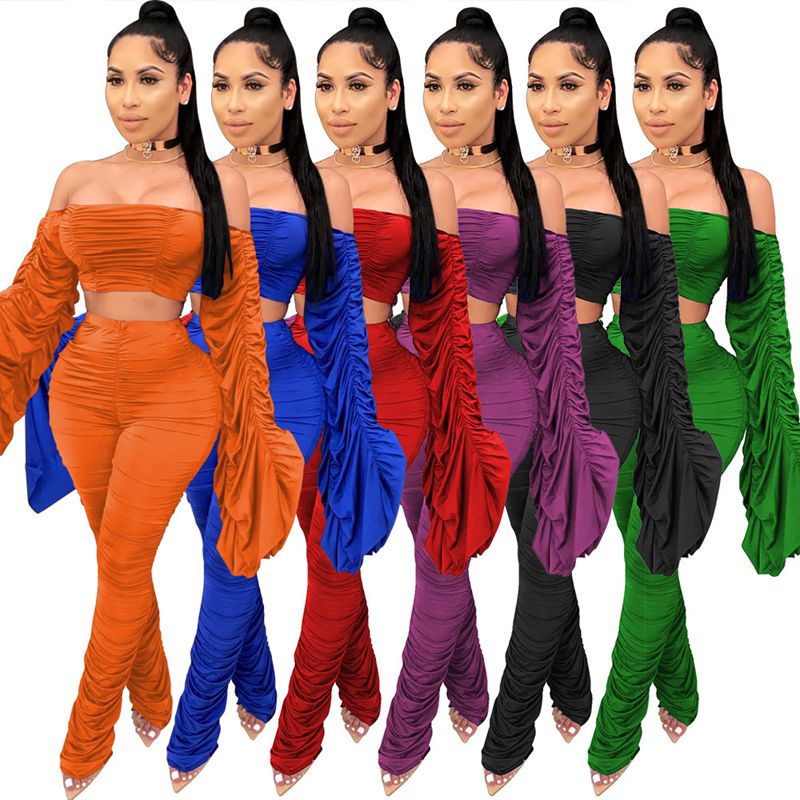 One-Shoulder Shirring Crop Top & Pencil Pants Set – Women's Club Outfit