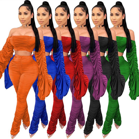 One-Shoulder Shirring Crop Top & Pencil Pants Set – Women's Club Outfit