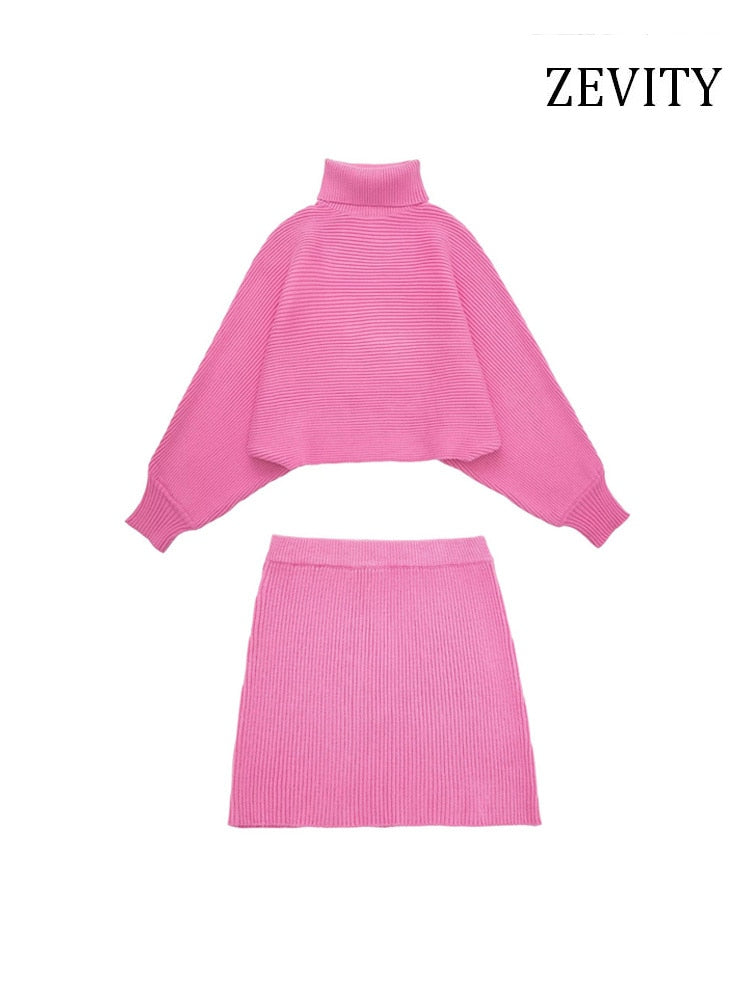 Turtleneck Knit Sweater & A-Line Mini Skirt Set – Women's Two-Piece Outfit