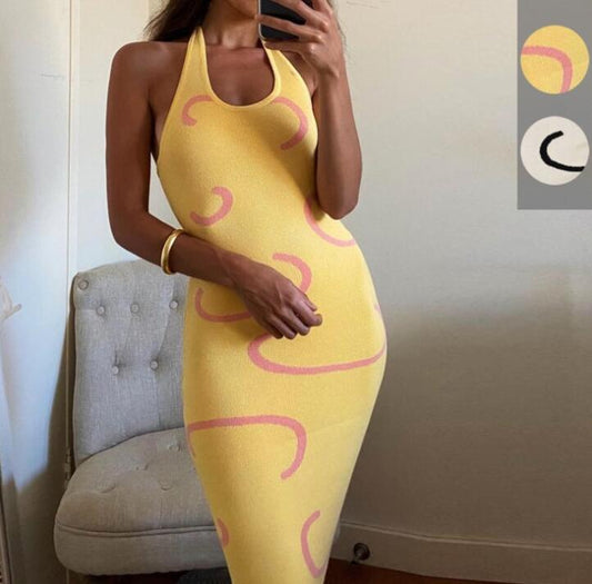 Knit Halter Neck Bodycon Midi Dress – Women's Backless Sleeveless Party Dress