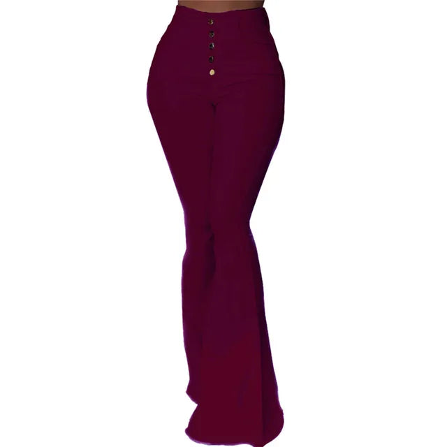 High Waist Elastic Bell-Bottom Pants – Women's Solid Flare Trousers