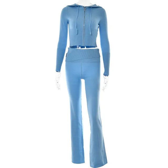 Knitted Zipper Hoodie Crop Top & Flare Pants Tracksuit – Women's Two-Piece Set