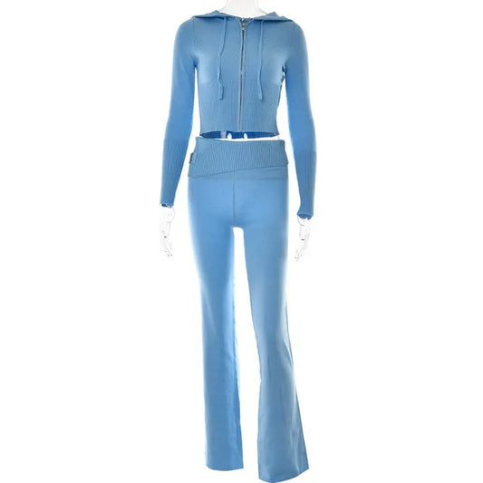 Knitted Zipper Hoodie Crop Top & Flare Pants Tracksuit – Women's Two-Piece Set