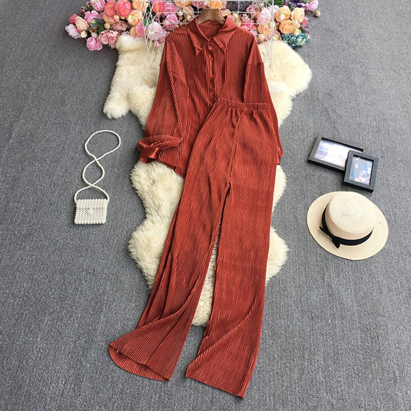 Casual Loose Long Sleeve Blouse & Wide Leg Pants Set – Women's Beige Two-Piece