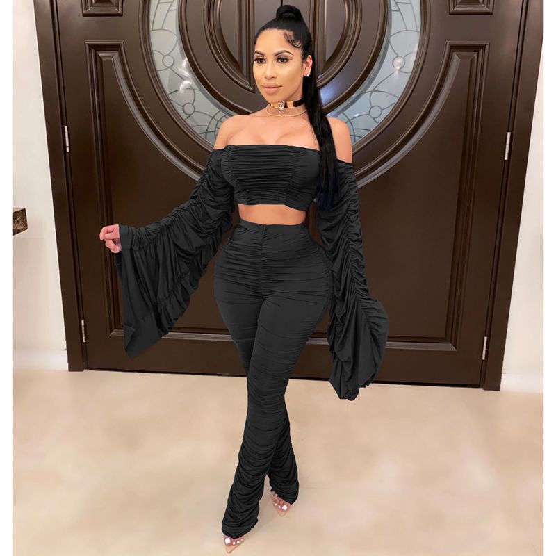 One-Shoulder Shirring Crop Top & Pencil Pants Set – Women's Club Outfit