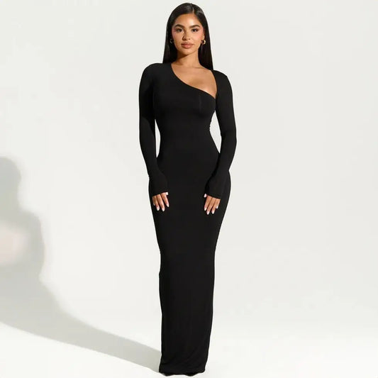 Asymmetrical Long Sleeve Slit Maxi Dress – Women's Black Evening Party Dress