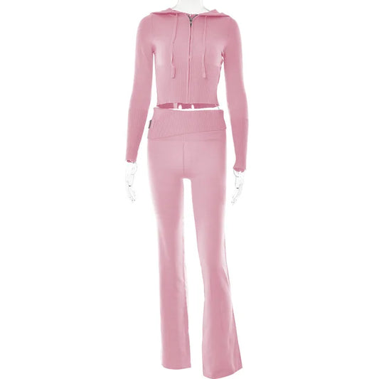 Knitted Zipper Hoodie Crop Top & Flare Pants Tracksuit – Women's Two-Piece Set