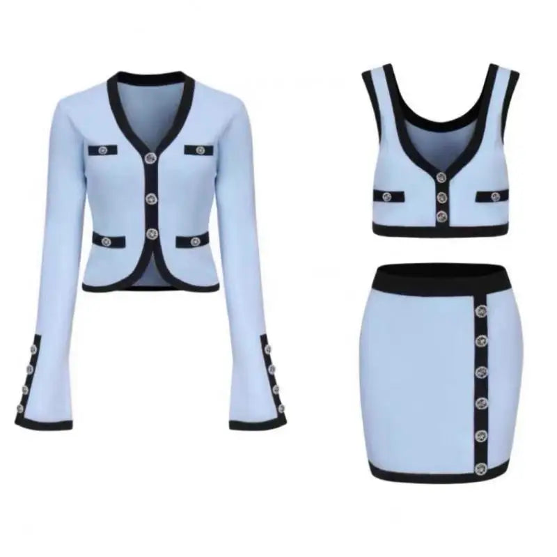 Vintage Knit 3-Piece Set – Long Sleeve Cardigan, Vest & Mini Skirt Outfit