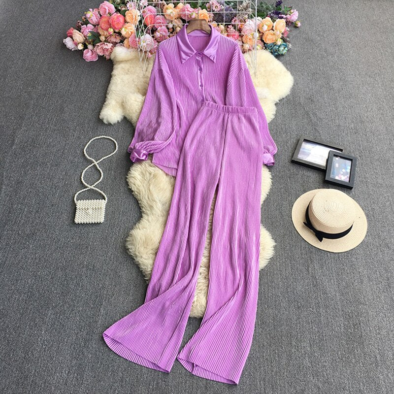 Casual Loose Long Sleeve Blouse & Wide Leg Pants Set – Women's Beige Two-Piece