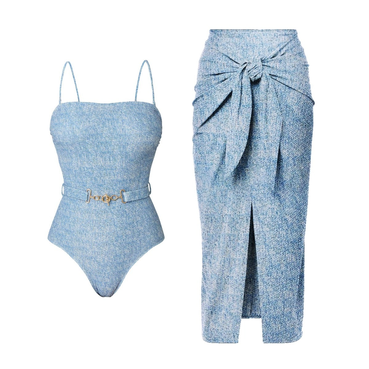 Printed Denim Triangular Two-Piece Bikini Set – Women's Sexy Swimwear