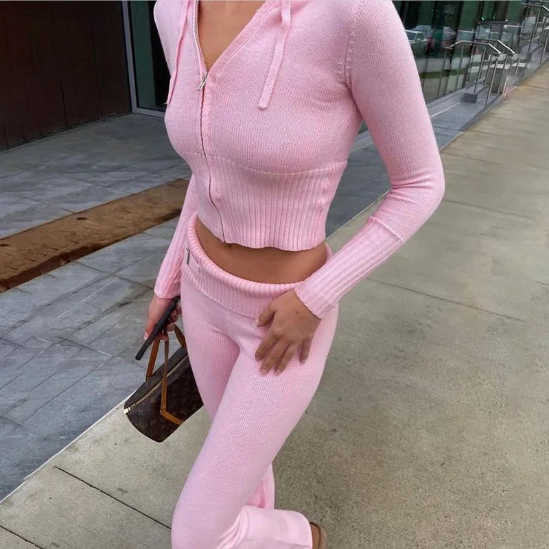 Knitted Zipper Hoodie Crop Top & Flare Pants Tracksuit – Women's Two-Piece Set