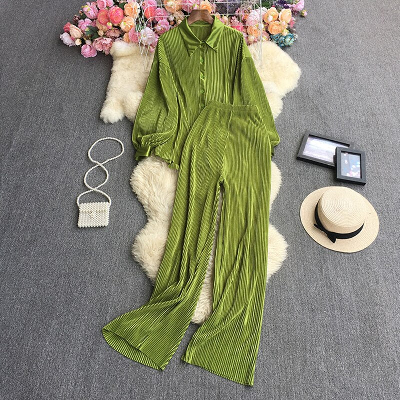 Casual Loose Long Sleeve Blouse & Wide Leg Pants Set – Women's Beige Two-Piece
