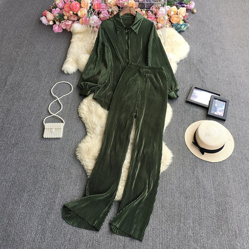 Casual Loose Long Sleeve Blouse & Wide Leg Pants Set – Women's Beige Two-Piece