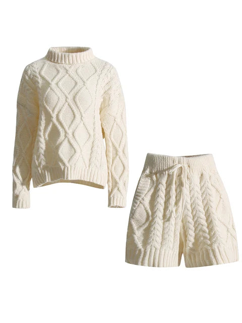 Turtleneck Long Sleeve Sweater & High Waist Shorts Set – Women's Casual Knit Outfit