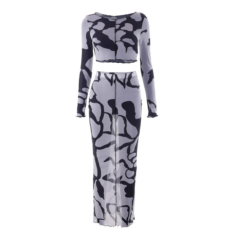 Cow Print See-Through Crop Top & Mesh Skirt Set – Women's Two-Piece Outfit