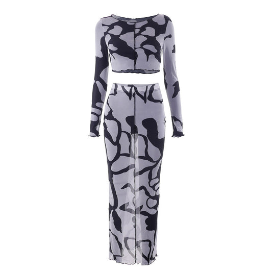 Cow Print See-Through Crop Top & Mesh Skirt Set – Women's Two-Piece Outfit