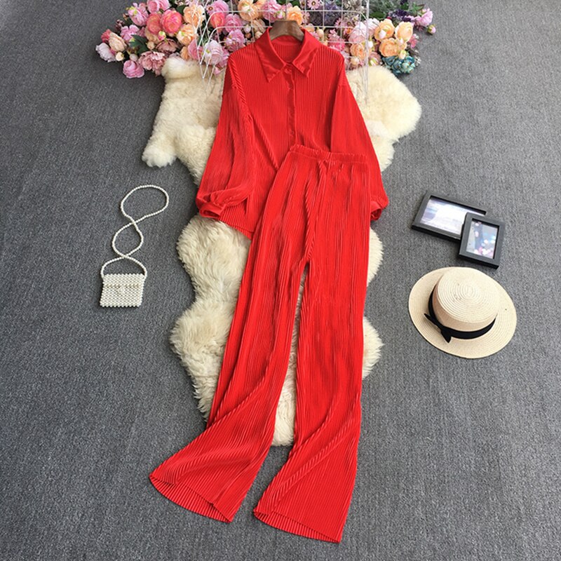 Casual Loose Long Sleeve Blouse & Wide Leg Pants Set – Women's Beige Two-Piece