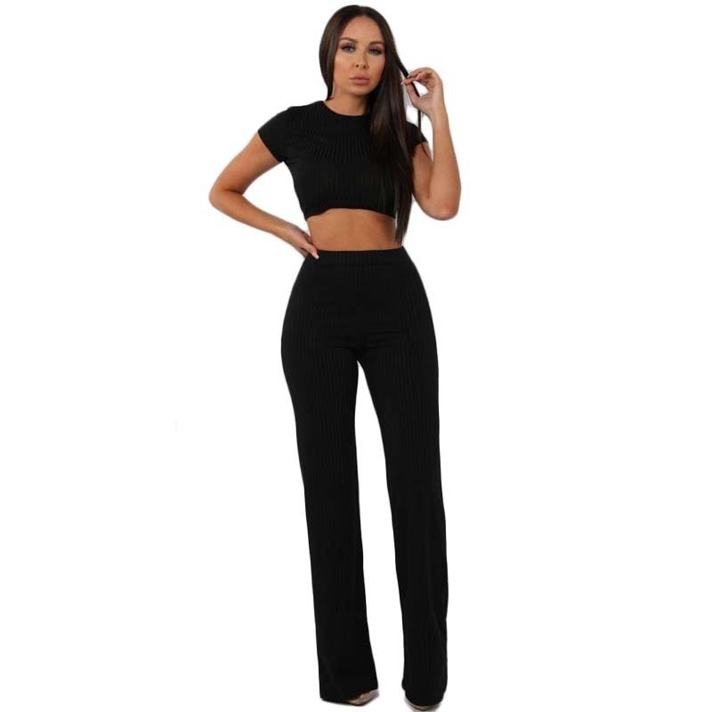 Knit Long Sleeve Crop Top & Wide Leg Pants Two-Piece Set – Women's Casual Outfit